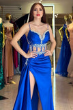 Royal Blue Prom Dress Spaghetti Straps Mermaid Ball Dress With Split Ruffles Beadings