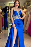 Royal Blue Prom Dress Spaghetti Straps Mermaid Ball Dress With Split Ruffles Beadings