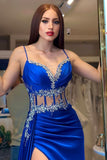 Royal Blue Prom Dress Spaghetti Straps Mermaid Ball Dress With Split Ruffles Beadings