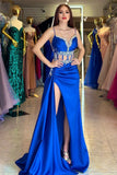 Royal Blue Prom Dress Spaghetti Straps Mermaid Ball Dress With Split Ruffles Beadings