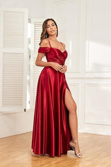 Spaghetti Straps Bridesmaid Dress Burgundy Wedding Guest Dress with Slit