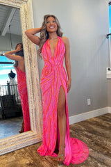 Halter Prom Dress Pink and Orange Mermaid Evening Dress with Slit