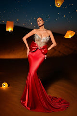 Red Mermaid Prom Dress Sweetheart Neck Beaded Evening Dress