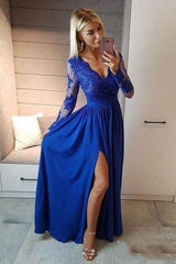 Satin Long Sleeves V Neck Royal Blue Split Prom Dresses