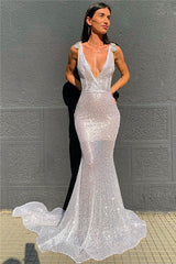 Sequin Straps Shiny Mermaid Beading-back Deep-v-neck Prom Dress BC3300