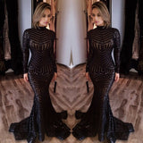 Sequined Mermaid Black Long Evenoing Dresses Sleeves High Neck Sexy Prom Dress BA4035