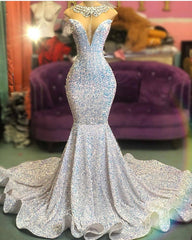 Sequins Jewel Ruffles Beading Silver Mermaid Prom Dresses