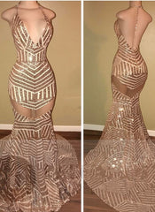 Sequins Mermaid Halter-Neck Sheer Backless Prom Dresses BA5117