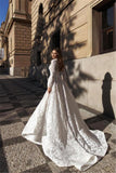 Sexy A-Line Slit Wedding dress Lace Long Sleeves Bridal Gowns with Chapel Train