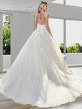 Sexy A-Line Wedding Dress Jewel Lace Tulle Short Sleeves Backless Bridal Gowns with Sweep Train