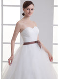 Sexy A-Line Wedding Dress Sweetheart Lace Satin Tulle Strapless Bridal Gowns with Court Train