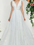 Sexy Backless A-Line V-neck Wedding Dress Lace Tulle Sleeveless Bridal Gowns with Sweep Train