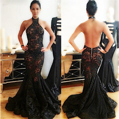 Sexy Backless Evening Gowns Halter Black Lace Mermaid Prom Dresses