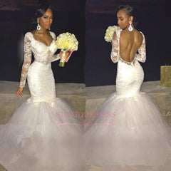 Sexy Backless Long-Sleeve Bridal Gowns | Lace Mermaid Wedding Dress