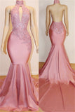 Sexy Backless Pink Prom Dresses on Mannequins Mermaid Beads Appliques Prom Dresses