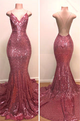 Sexy Backless Pink Sequins Prom Dresses | Spaghetti Straps Mermaid Sleeveless Evening Gowns BC1067