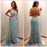 Sexy Backless Sky Blue Prom Dresses Backless Sleeveless Lace Mermaid Long Evening Dress