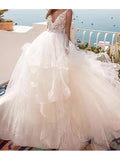 Sexy Ball Gown Wedding Dresses V-Neck Lace Tulle Sleeveless Bridal Gowns Country See-Through Sweep Train