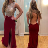 Sexy Bateau Backless Evening Dresses Burgundy Prom Dress With Beading