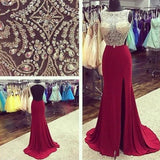 Sexy Bateau Backless Evening Dresses Burgundy Prom Dress With Beading