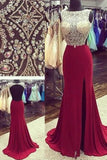 Sexy Bateau Backless Evening Dresses Burgundy Prom Dress With Beading