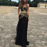 Sexy Belt Golden Gold Applique Black Chiffon New Dresses Lace Prom Evening Gowns