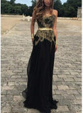 Sexy Belt Golden Gold Applique Black Chiffon New Dresses Lace Prom Evening Gowns