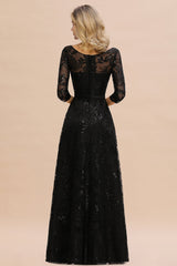 Sexy Black 3/4 Sleeves Sequins Prom Dress | Long Evening Gowns