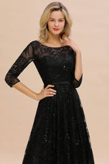 Sexy Black 3/4 Sleeves Sequins Prom Dress | Long Evening Gowns