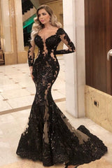 Sexy Black Lace Prom Dress Mermaid Long Sleeve Evening Gowns