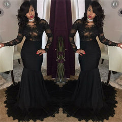 Sexy Black Lace Tulle Prom Dresses | Mermaid Long Sleeve Evening Gown FB0277