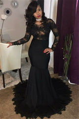 Sexy Black Lace Tulle Prom Dresses | Mermaid Long Sleeve Evening Gown FB0277