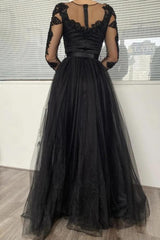 Sexy Black Long Sleeves Prom Dress Lace Evening Gowns