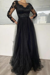 Sexy Black Long Sleeves Prom Dress Lace Evening Gowns