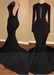 Sexy Black Mermaid Backless Prom Dresses Long Sleeves Appliques Evening Gowns BA7880