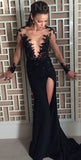 Sexy Black Prom Dresses long Sleeve Sheer Tulle Evening Gowns with Slit BA5194