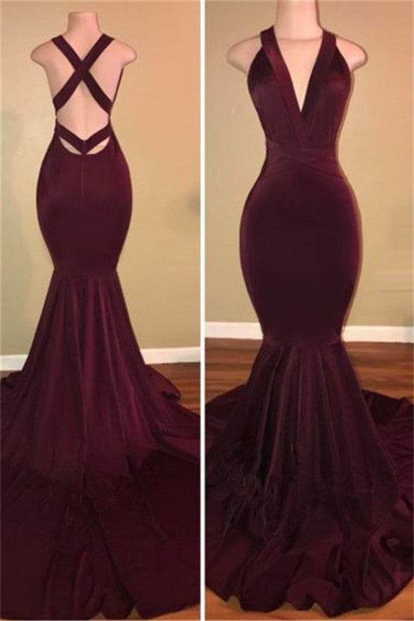 Lace Burgundy Spaghetti Straps V-neck Mermaid Prom Dresses Train,MP625 –  Musebridals