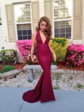 Sexy Burgundy V-Neck Mermaid Beach Evening Dresses Sweep Train Glamorous Prom Dresses for Summer CJ0224