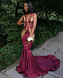 Sexy Burgundy V-Neck Sleeveless Prom Dresses Mermaid Appliques Evening Dresses SK0093