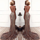 Sexy Champagne Stripes Formal Evening Dress | V-neck Open Back Ball Dress with Long Train BA8496