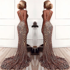 Sexy Champagne Stripes Formal Evening Dress | V-neck Open Back Ball Dress with Long Train BA8496