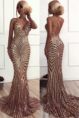 Sexy Champagne Stripes Formal Evening Dress | V-neck Open Back Ball Dress with Long Train BA8496