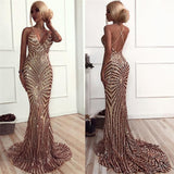 Sexy Champagne Stripes Formal Evening Dress | V-neck Open Back Ball Dress with Long Train BA8496