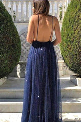 Sexy Deep V Neck Dark Blue Spaghetti Straps Prom Dresses Long