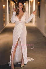 Sexy Deep V-Neck Long Sleeves Mermaid Prom Dresses | Sweep Train Front Split Evening Gown