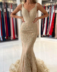 Sexy Deep V-Neck Mermaid Prom Dress with Floral Lace Appliques