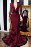 Sexy Deep V-Neck Mermaid Sweep Train Evening Gown | Long Sleeves Appliques Prom Dresses