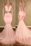 Sexy Deep V-neck Gold Beads Appliques Prom Dress Mermaid Long Sleeve Backless Evening Gown BA7606