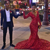 Sexy Deep V-neck Long Sleeve Sequins Evening Dresses Mermaid Prom Dress