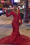 Sexy Deep V-neck Long Sleeve Sequins Evening Dresses Mermaid Prom Dress